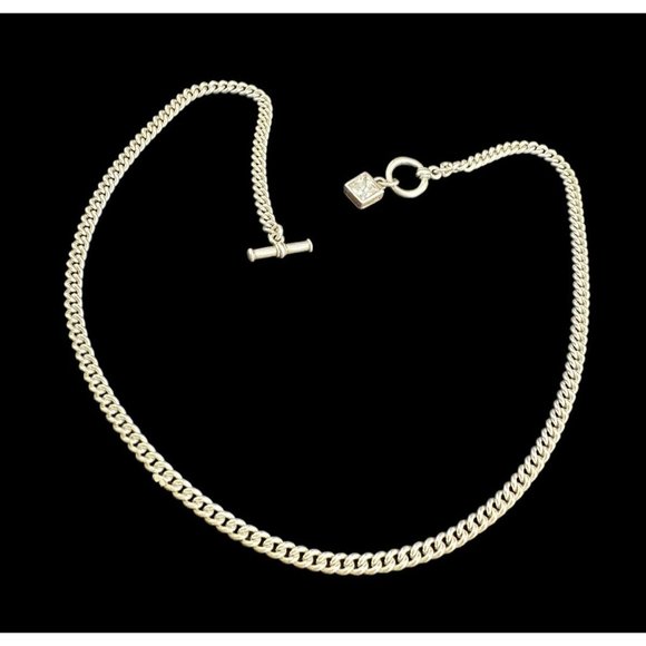 Necklace Sterling Silver Round Chain Link Square Cubic Zirconia Pendant Toggle - Picture 2 of 7